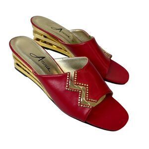 ANNIE Vintage Red & Gold Wedge Sandals Women’s Size 7.5 N